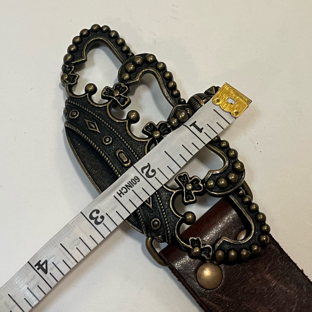 Cabi Brown Wide Leather Belt w/ Brass Crown Buckle. Size (30"-34"). - Picture 10 of 11